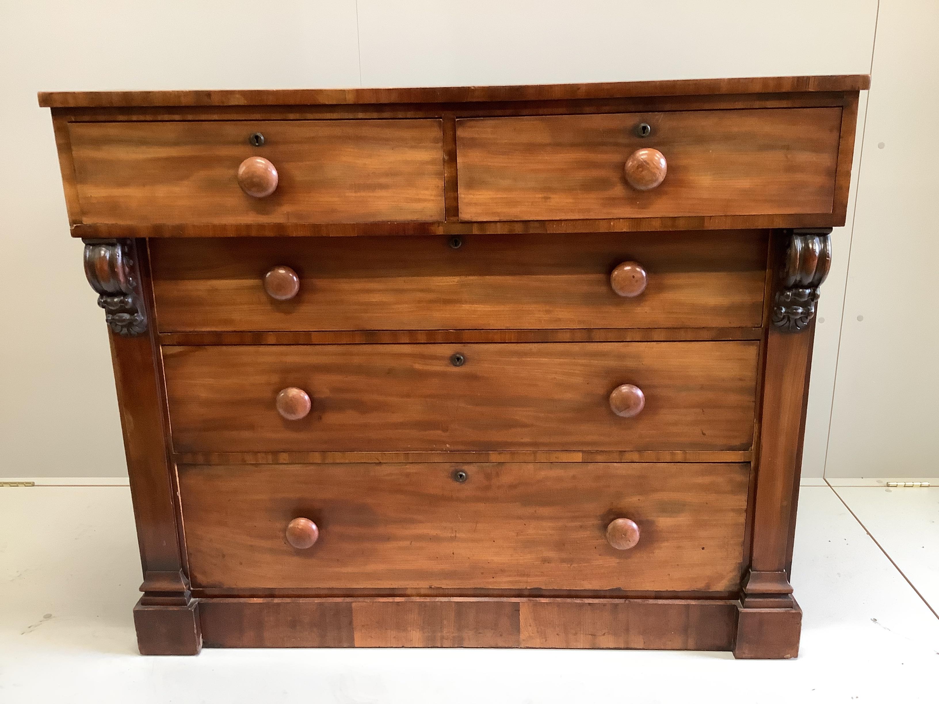 A Victorian mahogany chest of two short and three long drawers, width 125cm, depth 58cm, height 105cm